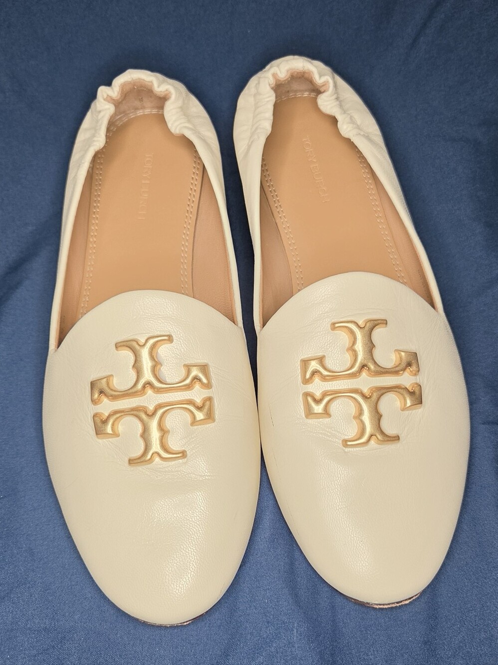 Tory Burch Ivory Leather Eleanor Flats with Gold Emblem